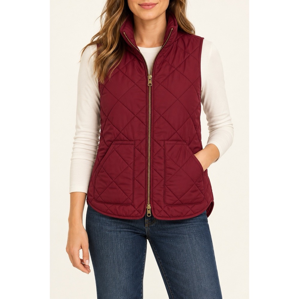 J.Crew Quilted Vest Women S Burgundy Red Two Way Zip Pockets Preppy Fall Classic
